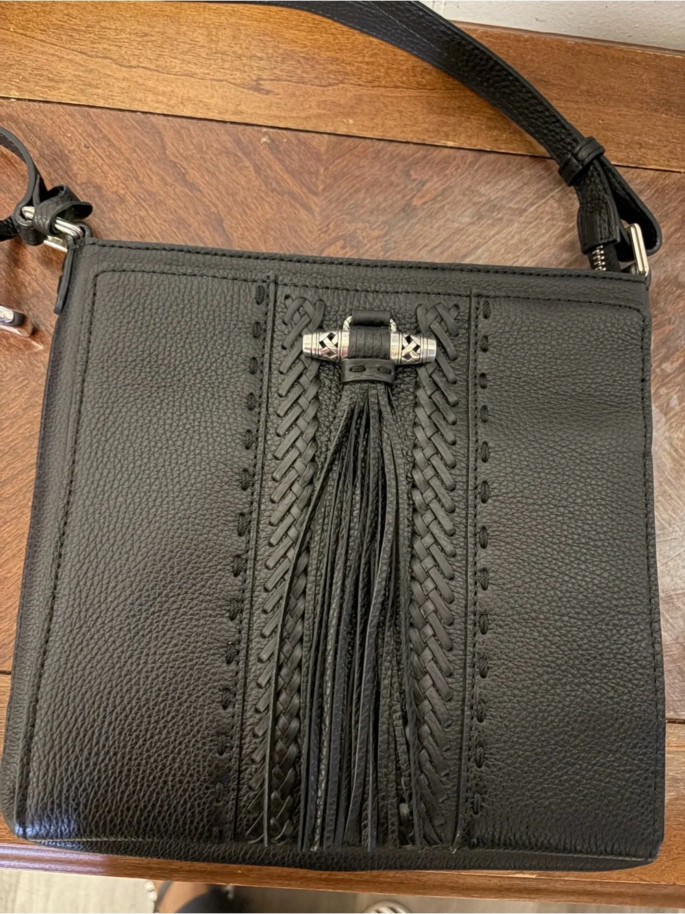 Brighton Black Leather Crossbody with Braided Tassel Detail